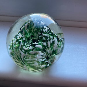 Vintage Glass Paperweight  Featuring a Green & White Interior c 1960