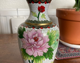 Beau vase cloisonné à motif floral rose et jaune, vers 1950, oriental chinois