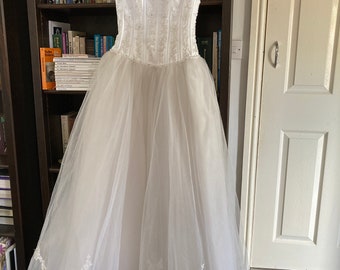 Vintage Wedding Dress Satin boned bodice embellished with lace pearls & sequins  Rouleau straps Layers Net Skirt size 6 - 8