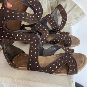 Vintage Gladiator Boots Brown Leather Brass Studs Zip Up Back Flats UK 5 EU 38 US 7 Steampunk Rock n Roll Retro Boho Hippie