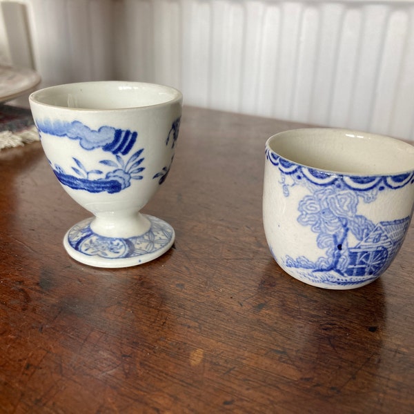 Vintage Egg Cups Blue & White China Old Chelsea Furnivals Ltd Two Egg Cups c 1913 Collectibles