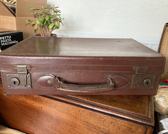 Vintage Leather Suitcase Beautiful  Brown Luggage c 1940 Quirky Under Bed Storage Linen Toys