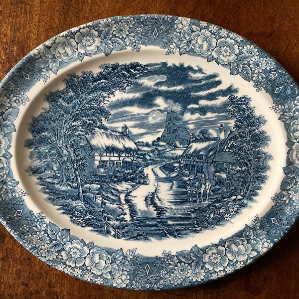 Vintage Oval Blue & White Plate  Serving Dish Platter  c 1930  Floral edge with church cottages horses design