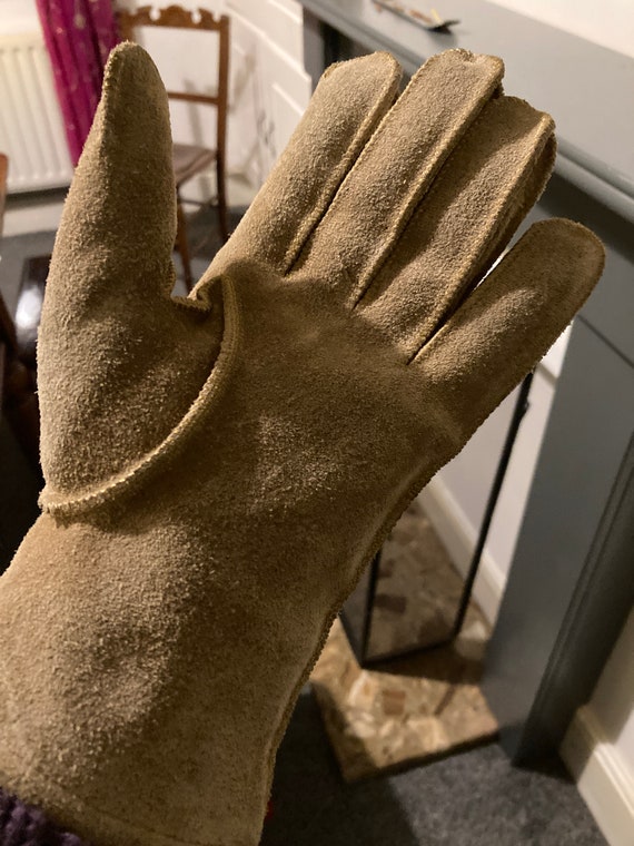 Vintage Sheepskin Gloves c 1950 Suede Leather wit… - image 2