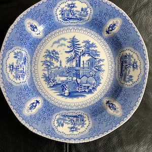 Könnte beinhalten: Ein blau-weißes Zierteller mit detailliertem Landschaftsdesign. Der Teller zeigt eine zentrale Szene, die von kleineren ovalen Vignetten umgeben ist, alles in einem klassischen blau-weißen Farbschema. Der Rand hat ein Blumenmuster.