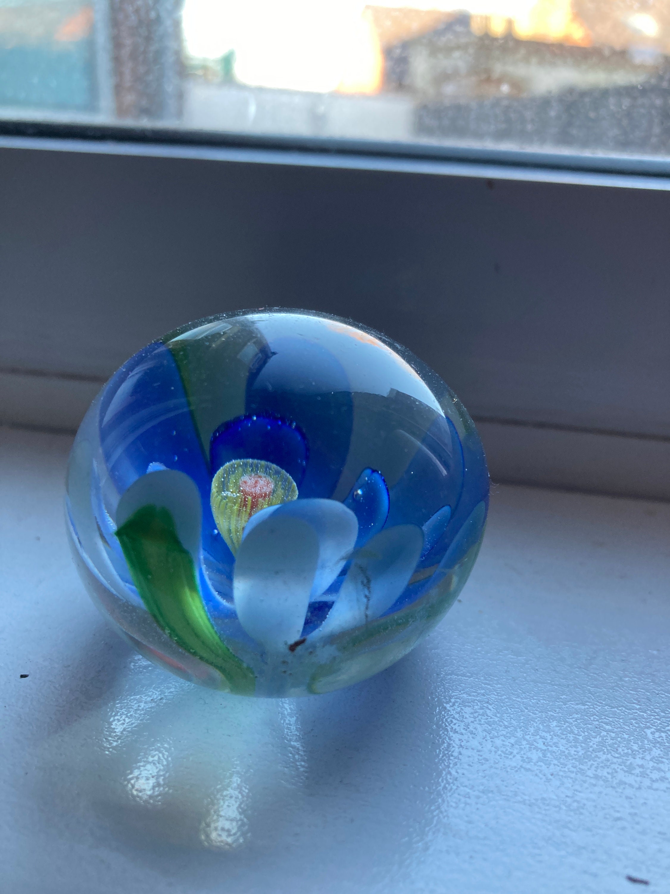 Vintage Glass Paperweight With Single Bright Blue Flower With Etsy UK