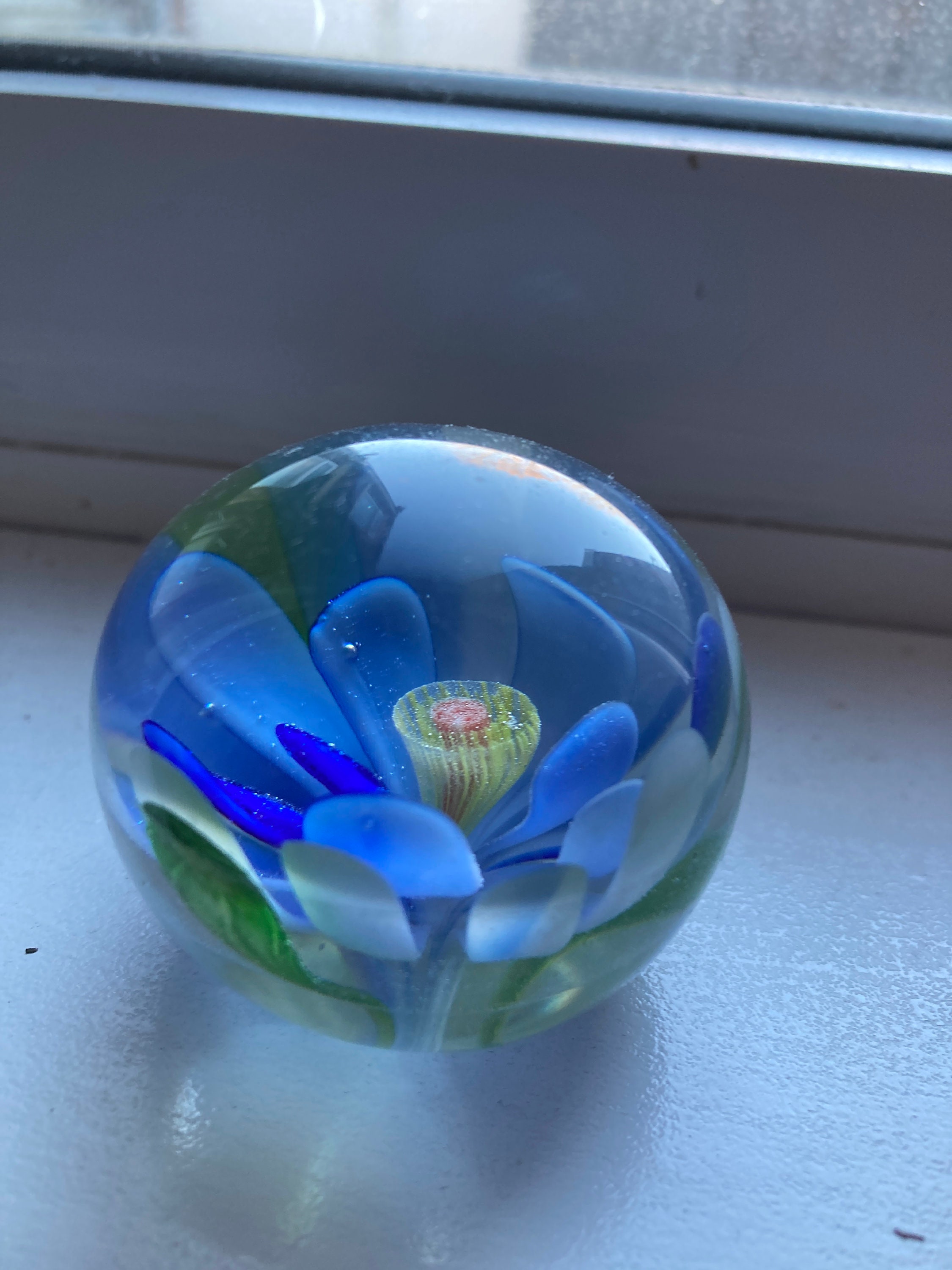 Vintage Glass Paperweight With Single Bright Blue Flower With Etsy UK