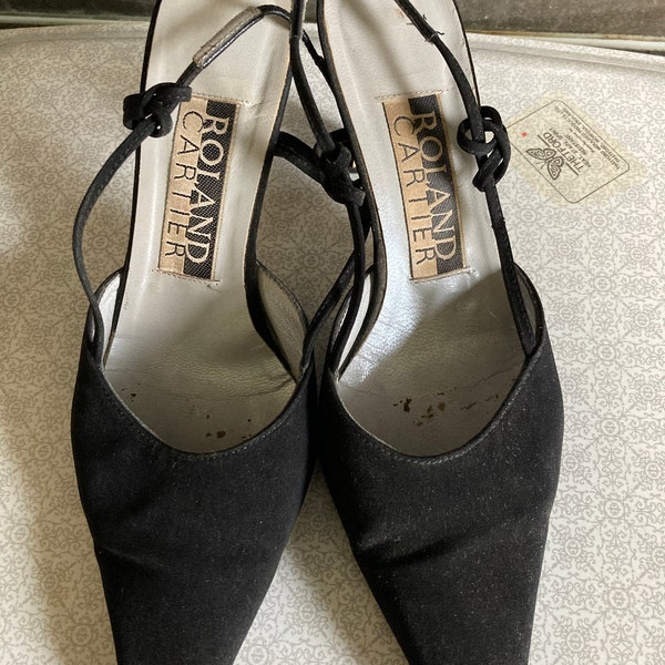 Vintage Evening Shoes Black Satin Strappy Design by Roland Cartier c 1960 EU36.5 UK 3.5 US 5.5
