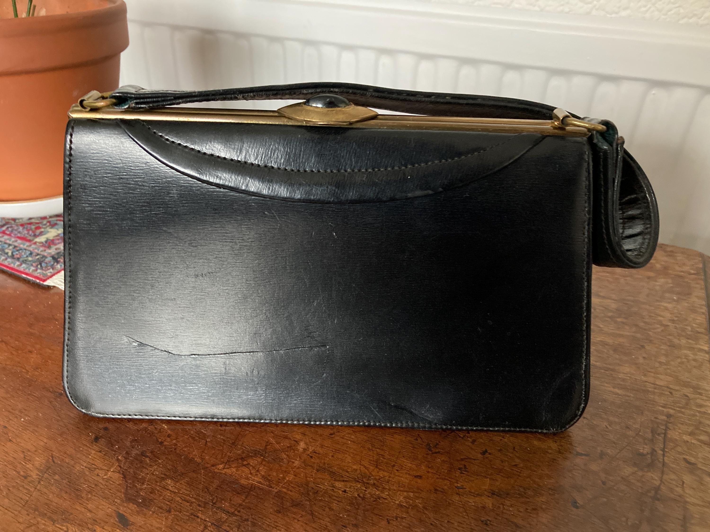 Vintage Black Leather Handbag Purse on Chain Mirror Moire Taffeta