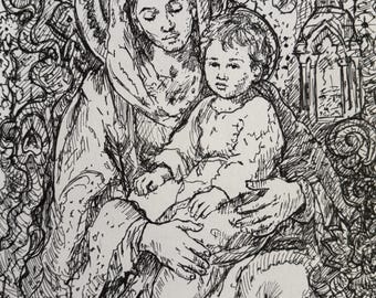 May include: A black and white ink drawing depicting a figure holding a child, both with halos. The background is filled with intricate, swirling patterns, floral motifs, an eye, and a small architectural structure, all rendered in fine lines.