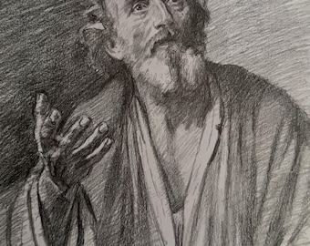 May include: A graphite pencil drawing of a bearded person with a weathered face, looking upward with an expression of deep contemplation. The figure wears a draped robe and holds one hand raised, rendered with detailed shading and cross-hatching.