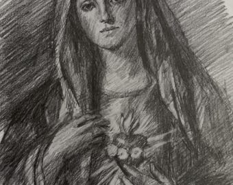 May include: A graphite pencil drawing on paper depicting a figure with a head covering, looking forward with a solemn expression. The figure holds a stylized heart with flames and flowers at the center of the chest, rendered in shades of gray.