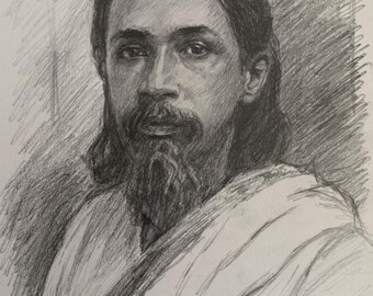 May include: A graphite pencil drawing on paper depicting a portrait of a person with long hair and a full beard. The subject is shown from the chest up, wearing draped fabric over the shoulders, rendered with detailed shading and cross-hatching.