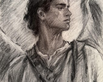 May include: A charcoal drawing on paper depicting a person with short, wavy hair and large wings extending from their back. The figure is shown in profile, wearing a simple tunic with a strap across the chest. The artwork features textured shading.