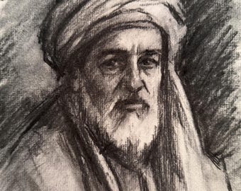 May include: A charcoal drawing on paper depicting a portrait of an older individual with a full beard and mustache. The subject wears a wrapped turban and draped head covering, rendered in shades of black, gray, and white with visible sketch lines.