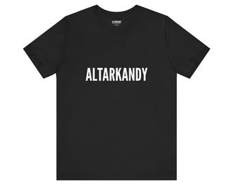 May include: Black t-shirt with the white text "ALTARKANDY" printed across the chest. The shirt has short sleeves and a crew neck. The brand name is also printed on the neck label.