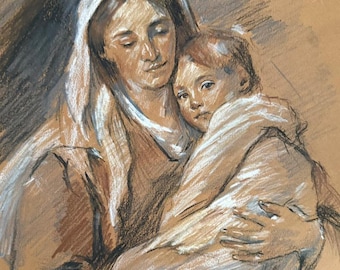 May include: A charcoal and pastel drawing on tan paper depicting a figure with a head covering holding a child wrapped in a light-colored cloth. The artwork uses brown, black, and white strokes to define the facial features and clothing textures.