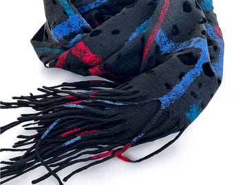 Black Felted Wool Scarf – Handmade Merino Wrap with Viscose Paper Inlay & Fringe | Unique