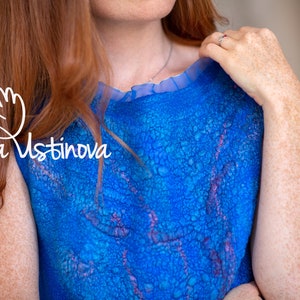 Wearable Art Felted Clothing Unique Dress beautiful  handmade classic Felted Women elegant merino wool party blue silk elena ustinova felt mom girl gift for her one-of-a-kind exclusive fachion casual hot mini pretty lixe fashionable fashion trend