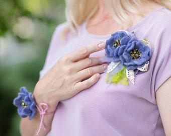 Set of Floral Accessories, Handmade Felt Flower Brooch Choker Pin, Miniature Flowers