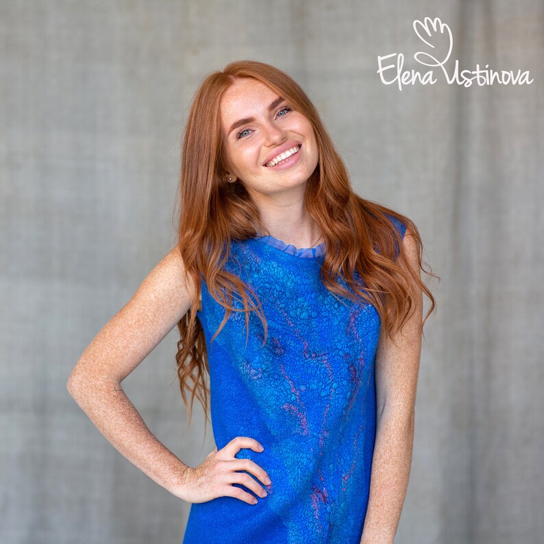 Wearable Art Felted Clothing Unique Dress beautiful  handmade classic Felted Women elegant merino wool party blue silk elena ustinova felt mom girl gift for her one-of-a-kind exclusive fachion casual hot mini pretty lixe fashionable fashion trend
