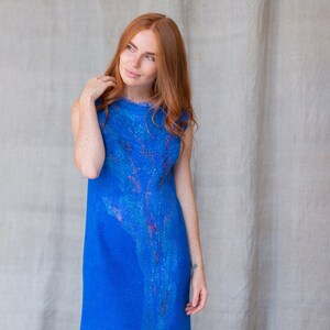 Wearable Art Felted Clothing Unique Dress beautiful  handmade classic Women elegant merino wool party blue silk elena ustinova felt mom girl gift for her one-of-a-kind exclusive fachion casual hot mini pretty lixe fashion trend elena ustinoiva