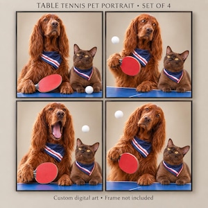 May include: A set of four framed prints titled TABLE TENNIS PET PORTRAIT featuring a long-haired red dog and a brown cat wearing blue, white, and red bandanas. The animals are positioned at a blue table tennis table with paddles and white balls.