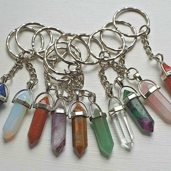 Natural gemstone keyring crystal point pendant charm yoga reiki healing key-ring