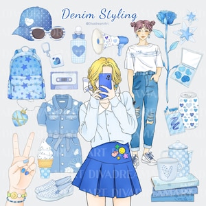 Denim Girls Clipart Fashion Girls Clipart Blue Jeans Planner Mädchen Sticker Digital Aquarell Blau Himmel Clipart Handgezeichnet Mädchen Grafik