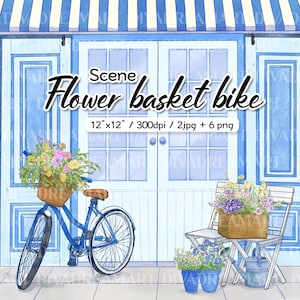 Flower basket bike, Bicicletta blu, sensazione rinfrescante, una scena di bicicletta adesivo scrapbook materiale Immagine di sfondo illustrazione