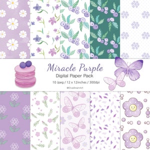 Purple flowers Digital Paper Spring flower background Floral Scrapbook pattern Printable paper Flowers Butterfly Hand Drawn Digital Paper