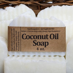 Organic Coconut Oil Bar Soap, Full Size 4oz. Bar | Fragrance Free | Vegan | Cold Process | Palm Oil Free | Handmade
