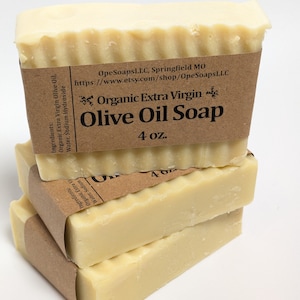 Organic Olive Oil Castile Bar Soap: Fragrance-Free, Vegan (4 oz) (3) 4oz Bars