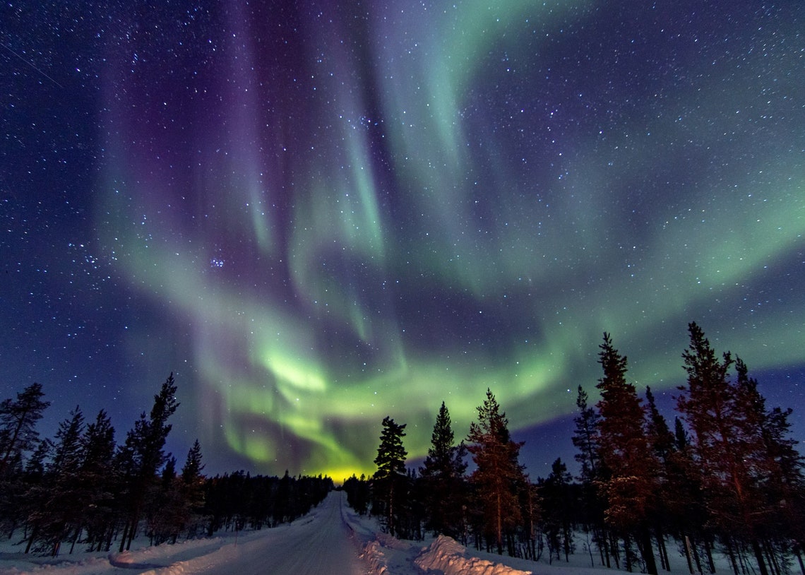 Northern Lights in Finnish Lapland. Aurora Borealis, Finland, Winter
