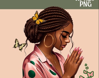 Op de afbeelding: Digitale illustratie van een zwarte vrouw met gevlochten haar, gouden oorringen en een roze badjas met groene stippen. Vlinders en de tekst "HI-RES PNG" zijn ook aanwezig. De vrouw heeft haar handen gevouwen in gebed.