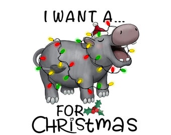 Funny Christmas Hippopotamus PNG: Holiday Lights Design (Digital Download)