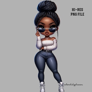 Chibi African American Woman PNG: Curvy Girl Illustration (Digital Download)