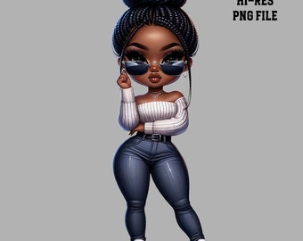 Chibi African American Woman PNG: Curvy Girl Illustration (Digital Download)