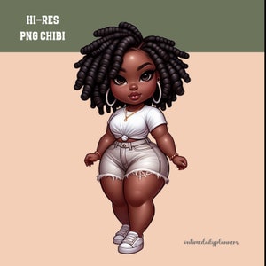 May include: A digital illustration of a Black woman with curly hair wearing a white t-shirt, white denim shorts, and white sneakers. She is standing with her arms at her sides and looking at the viewer. The background is a light peach color.