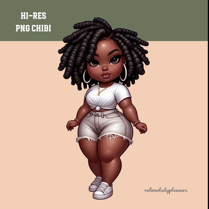 May include: A digital illustration of a Black woman with curly hair wearing a white t-shirt, white denim shorts, and white sneakers. She is standing with her arms at her sides and looking at the viewer. The background is a light peach color.