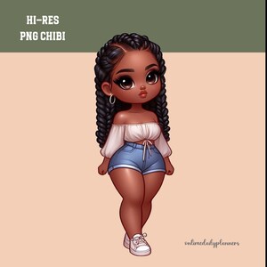May include: A digital illustration of a Black woman with long braids, wearing a white off-the-shoulder top, denim shorts, and white sneakers. The background is a light peach color.