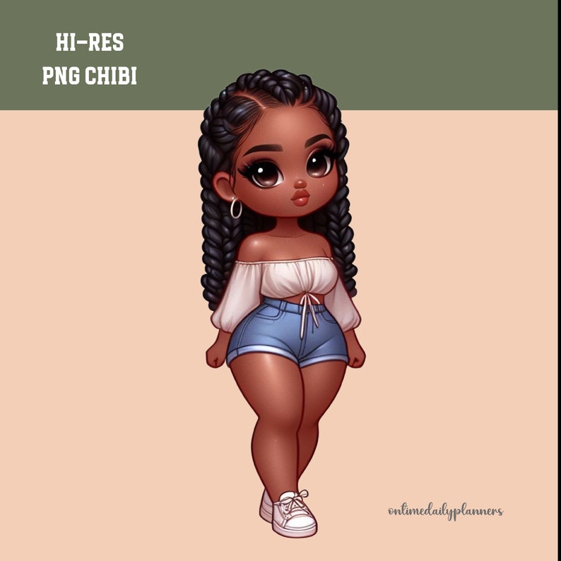 May include: A digital illustration of a Black woman with long braids, wearing a white off-the-shoulder top, denim shorts, and white sneakers. The background is a light peach color.