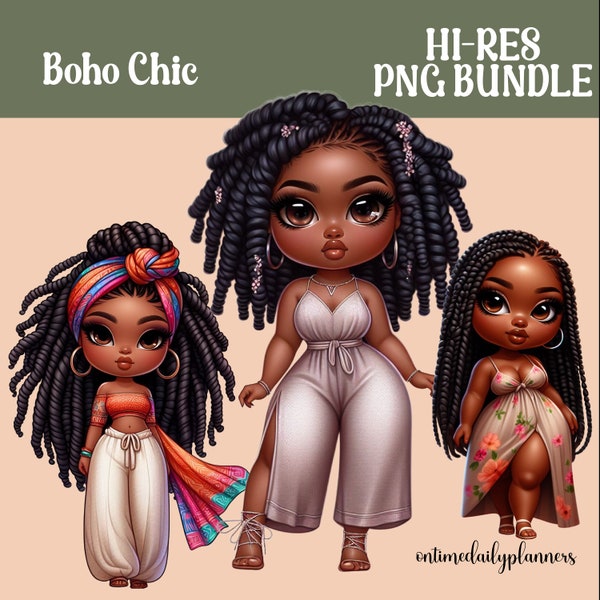 Boho Chic African American PNG Clipart Bundle, Chibi Style Afro Girl Digital Download Design, Spring Girl Boho Chic Fashion Clipart