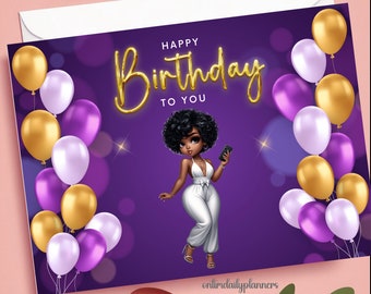 Purple Afro African American Printable Birthday Card, African American Woman Birthday Card, Happy Birthday Printable Card, Print at Home