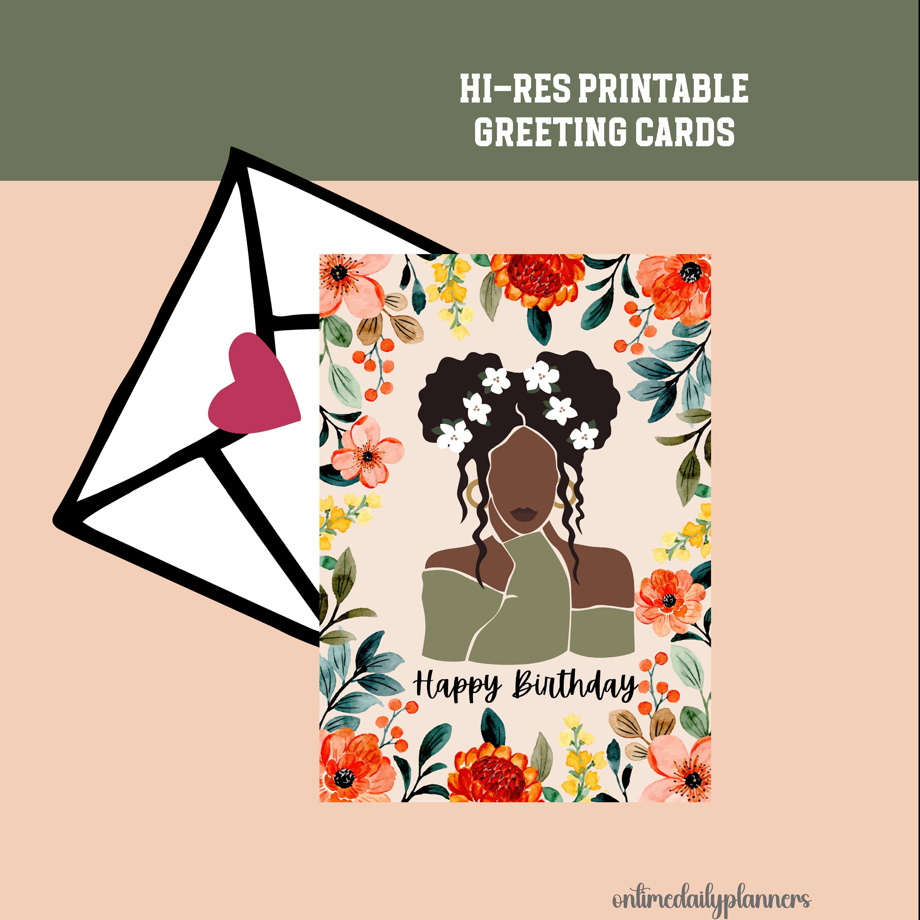 Printable Birthday Card With Flowers, African American Woman Birthday Card,  Happy Birthday Printable Greeting Card, Print at Home Office - Etsy, image size:3000x3000