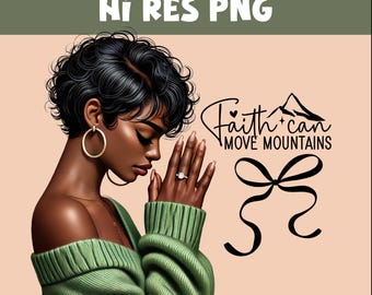 Imagem PNG de mulher rezando, clipart de mulher negra rezando, design cristão baseado na fé, arte afrocentrada espiritual para copos, camisetas.