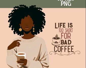 Trendy Coffee Lover Girl Clipart: African American Woman PNG