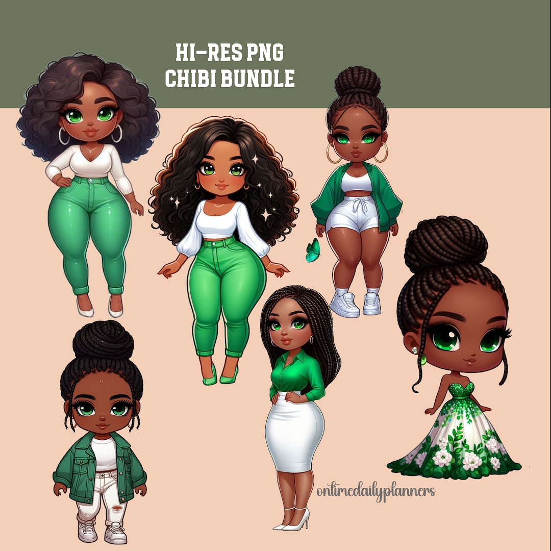 African American Chibi Clipart Black Girl Transparent PNG Bundle Trendy ...