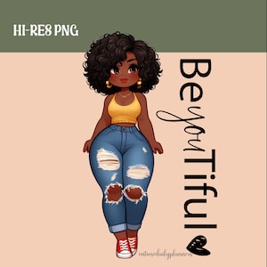 Curvy Girl Clipart, Denim Girl PNG, African American Clipart, Afro Girls PNG Digital Download, Natural Hair Fashion Girl Design Clipart