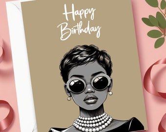 Printable Birthday Card for Black Women, Greeting Card Black Girl Happy Birthday Wish, Afro American Printable Greeting Card Customizable